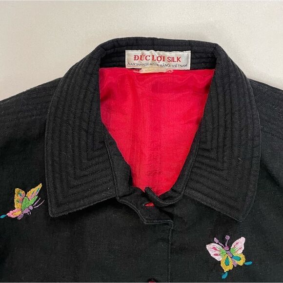 VINTAGE Duc Loi Silk Linen All Over Butterfly Linen Jacket Women Medium Black - Picture 8 of 11